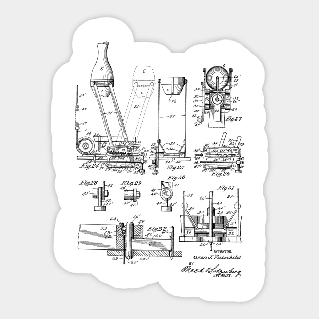 Automatic Bowling Mechanism Vintage Patent Hand Drawing Sticker by TheYoungDesigns